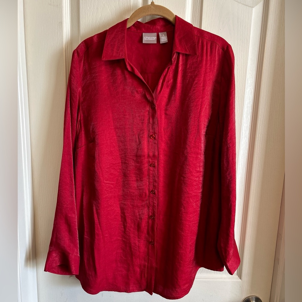 Chico’s Silk Red Shimmer Solid Button Up Blouse S… - image 1